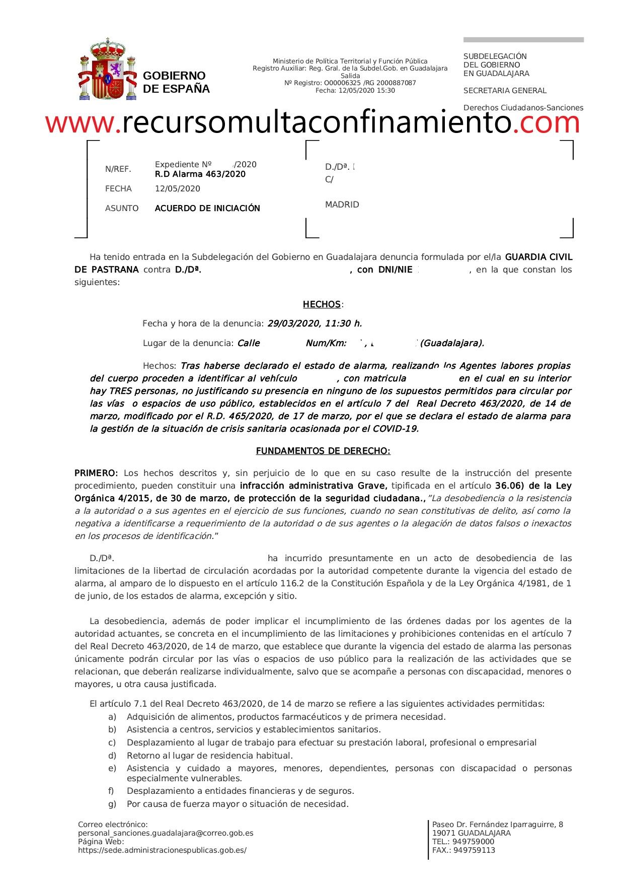 Primera página acuerdo incoación procedimiento administrativo por saltarse el confinamiento COVID-19 estado de alarma
