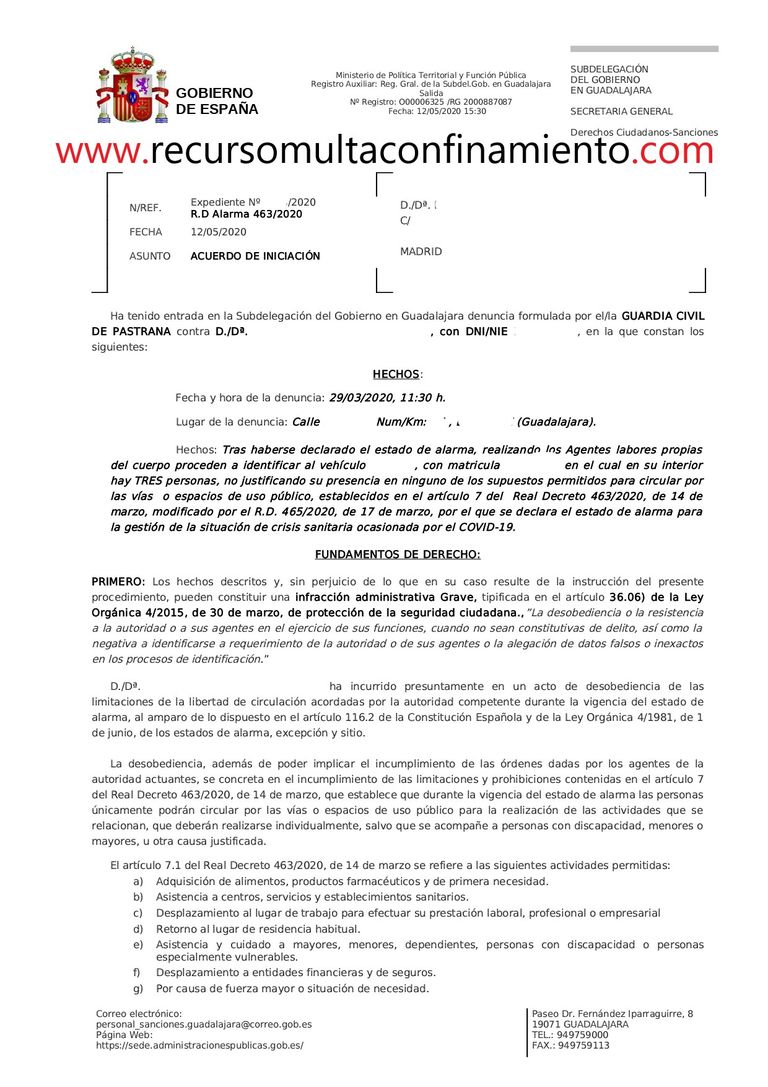 primera pagina de una multa que llega a casa por saltarse el confinamiento durante el estado de alarma